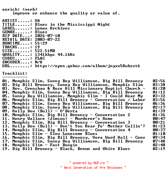 NFO for the release VA-Blues_in_the_Mississippi_Night-24BIT-WEB-FLAC-2003-ENRiCH by ENRiCH