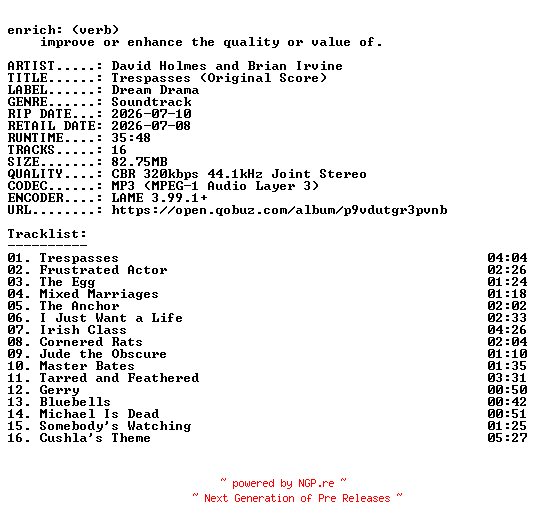 NFO for the release David_Holmes_and_Brian_Irvine-Trespasses_(Original_Score)-OST-WEB-2026-ENRiCH by ENRiCH