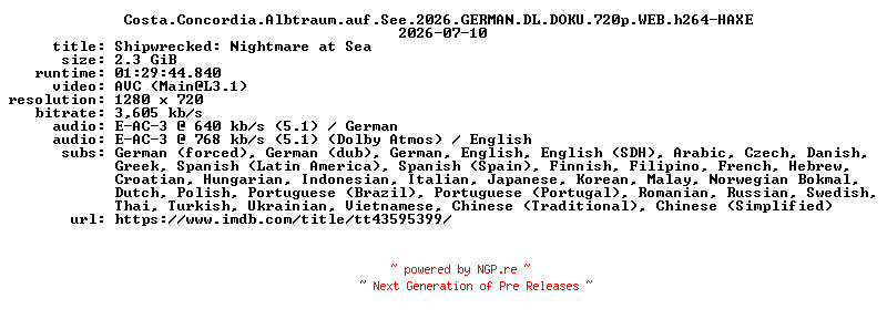 NFO for the release Costa.Concordia.Albtraum.auf.See.2026.GERMAN.DL.DOKU.720p.WEB.h264-HAXE by HAXE