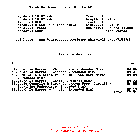 NFO for the release Sarah_De_Warren_-_What_U_Like_EP-(BH1697-0)-WEB-2026-FMC by FMC