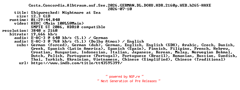 NFO for the release Costa.Concordia.Albtraum.auf.See.2026.GERMAN.DL.DOKU.HDR.2160p.WEB.h265-HAXE by HAXE