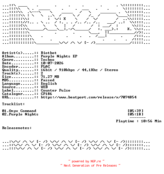 NFO for the release Riotbot-Purple_Nights_EP-CP186-16BIT-WEB-FLAC-2026-WAVED by WAVED