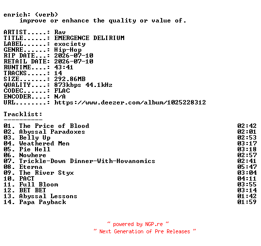 NFO for the release Rav-EMERGENCE_DELIRIUM-16BIT-WEB-FLAC-2026-ENRiCH by ENRiCH