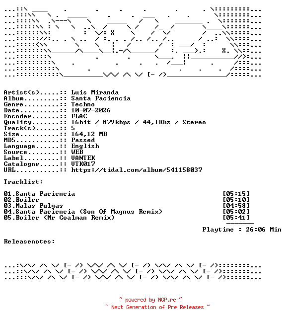 NFO for the release Luis_Miranda-Santa_Paciencia-VTK017-16BIT-WEB-FLAC-2026-WAVED by WAVED