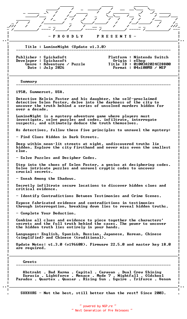 NFO for the release LumineNight_Update_v1.3.0_NSW-SUXXORS by SUXXORS