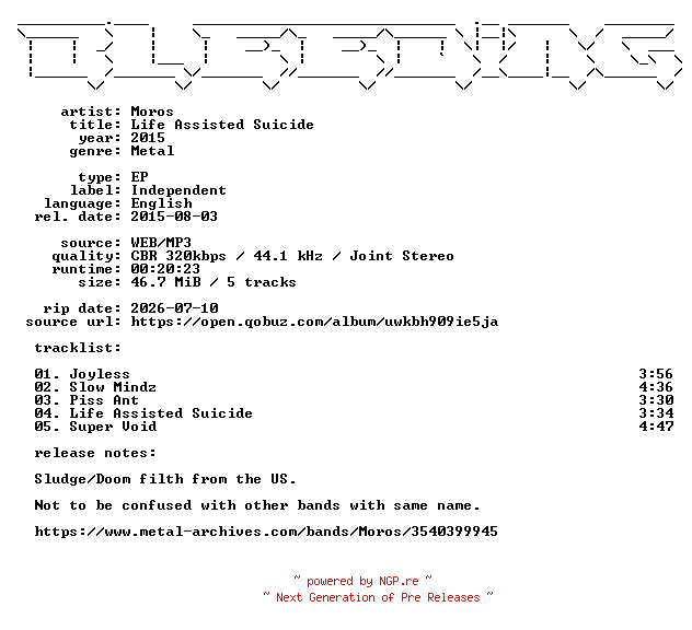 NFO for the release Moros-Life_Assisted_Suicide-EP-WEB-2015-BLEEDiNG by BLEEDiNG