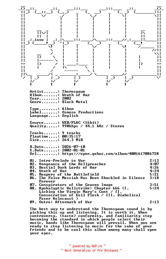 NFO for the release Thornspawn-Wrath_of_War-16BIT-WEB-FLAC-2002-MOONBLOOD by MOONBLOOD