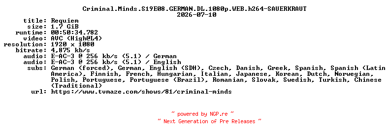 NFO for the release Criminal.Minds.S19E08.GERMAN.DL.1080p.WEB.h264-SAUERKRAUT by SAUERKRAUT
