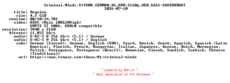NFO for the release Criminal.Minds.S19E08.GERMAN.DL.HDR.2160p.WEB.h265-SAUERKRAUT by SAUERKRAUT
