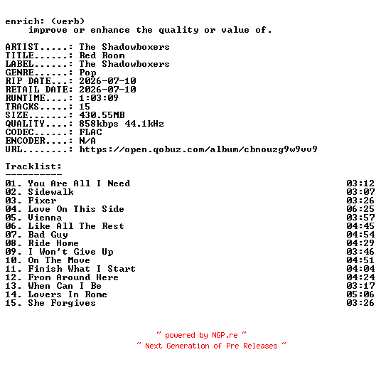 NFO for the release The_Shadowboxers-Red_Room-REISSUE-16BIT-WEB-FLAC-2026-ENRiCH by ENRiCH
