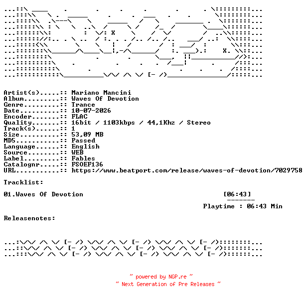 NFO for the release Mariano_Mancini-Waves_Of_Devotion-FSOEF136-SINGLE-16BIT-WEB-FLAC-2026-WAVED by WAVED