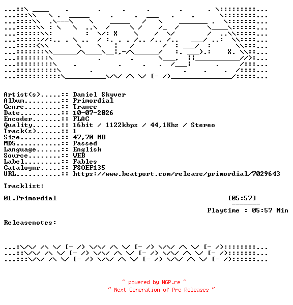 NFO for the release Daniel_Skyver-Primordial-FSOEF135-SINGLE-16BIT-WEB-FLAC-2026-WAVED by WAVED