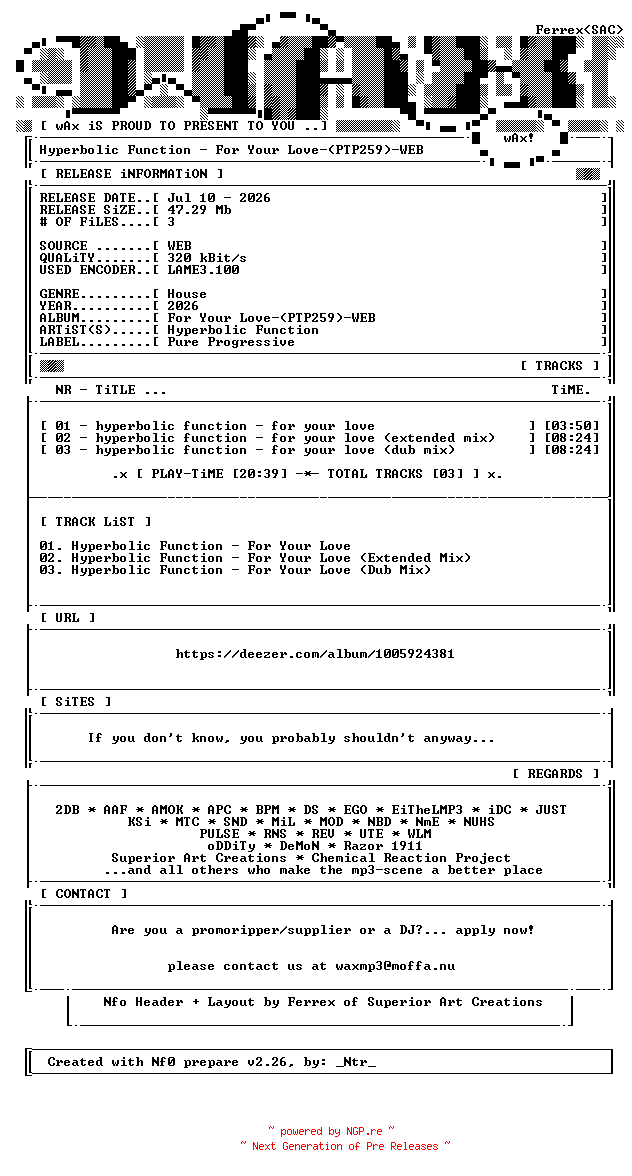 NFO for the release Hyperbolic_Function-For_Your_Love-(PTP259)-WEB-2026-wAx by wAx