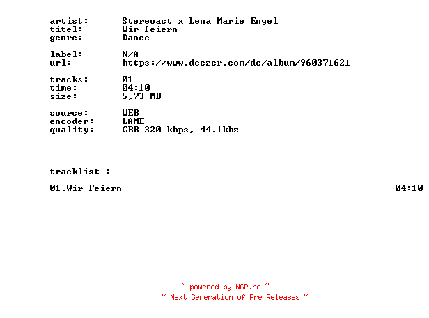 NFO for the release Stereoact_X_Lena_Marie_Engel_-_Wir_Feiern-SINGLE-WEB-DE-2026-BITCOINS by BITCOINS