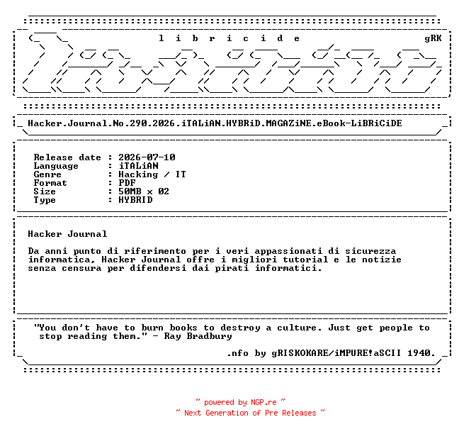 NFO for the release Hacker.Journal.No.290.2026.iTALiAN.HYBRiD.MAGAZiNE.eBook-LiBRiCiDE by LiBRiCiDE