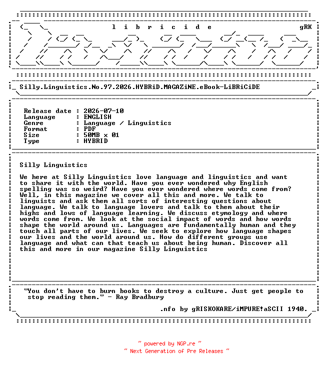 NFO for the release Silly.Linguistics.No.97.2026.HYBRiD.MAGAZiNE.eBook-LiBRiCiDE by LiBRiCiDE