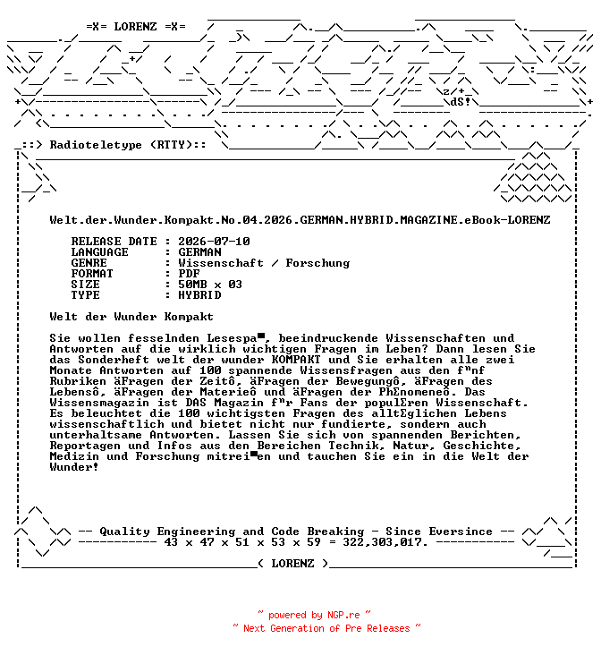 NFO for the release Welt.der.Wunder.Kompakt.No.04.2026.GERMAN.HYBRID.MAGAZINE.eBook-LORENZ by LORENZ