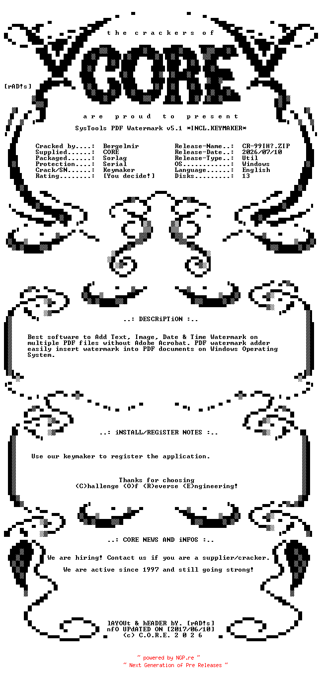 NFO for the release SysTools.PDF.Watermark.v5.1.Incl.Keymaker-CORE by CORE