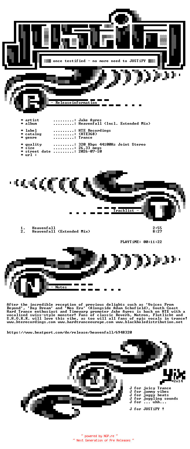 NFO for the release Jake_Ayres_-_Heavenfall_(Incl._Extended_Mix)-(HTE368)-WEB-2026-JUSTiFY_iNT by JUSTiFY_iNT
