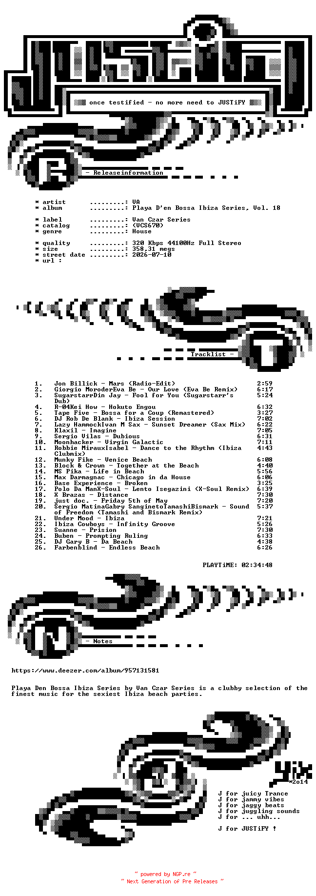 NFO for the release VA-Playa_Den_Bossa_Ibiza_Series_Vol._18-(VCS670)-WEB-2026-JUSTiFY by JUSTiFY