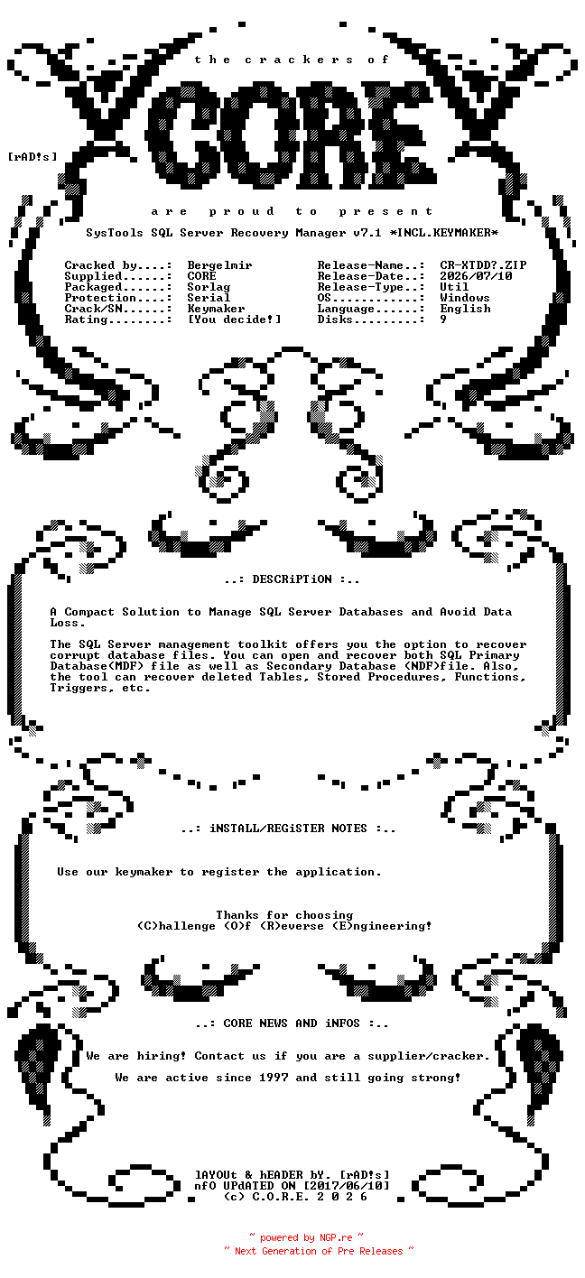 NFO for the release SysTools.SQL.Server.Recovery.Manager.v7.1.Incl.Keymaker-CORE by CORE