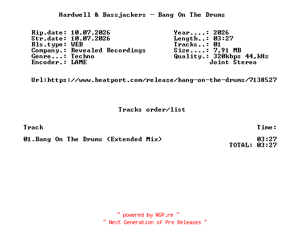 NFO for the release Hardwell_And_Bassjackers_-_Bang_On_The_Drums-(REVR1305B)-SINGLE-WEB-2026-FMC by FMC