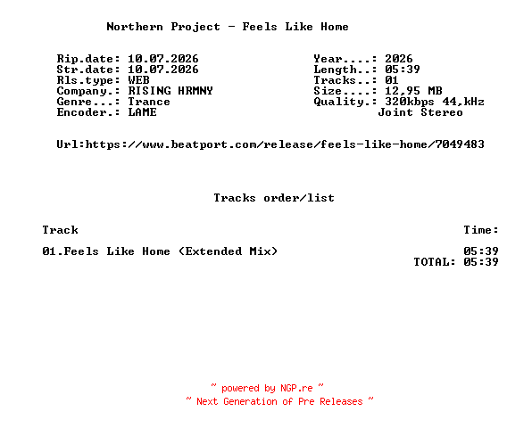 NFO for the release Northern_Project_-_Feels_Like_Home-(RH036)-SINGLE-WEB-2026-FMC by FMC