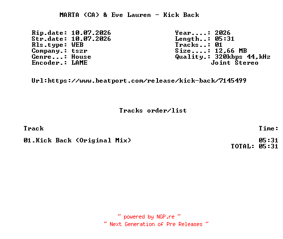 NFO for the release MARTA_(CA)_And_Eve_Lauren_-_Kick_Back_(Original_Mix)-SINGLE-WEB-2026-FMC by FMC