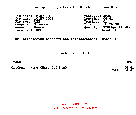 NFO for the release Adriatique_And_Rhys_From_The_Sticks_-_Coming_Home-(XREC013)-SINGLE-WEB-2026-FMC by FMC