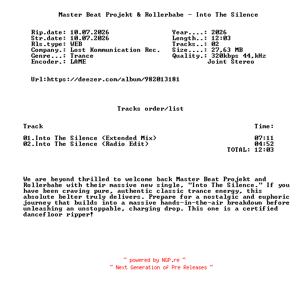 NFO for the release Master_Beat_Projekt_And_Rollerbabe_-_Into_The_Silence-(LKR106)-WEB-2026-FMC by FMC