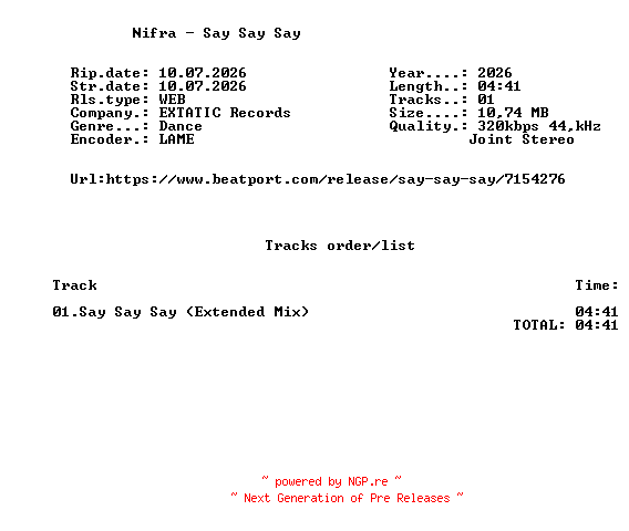 NFO for the release Nifra_-_Say_Say_Say-(XTTC081B)-SINGLE-WEB-2026-FMC by FMC