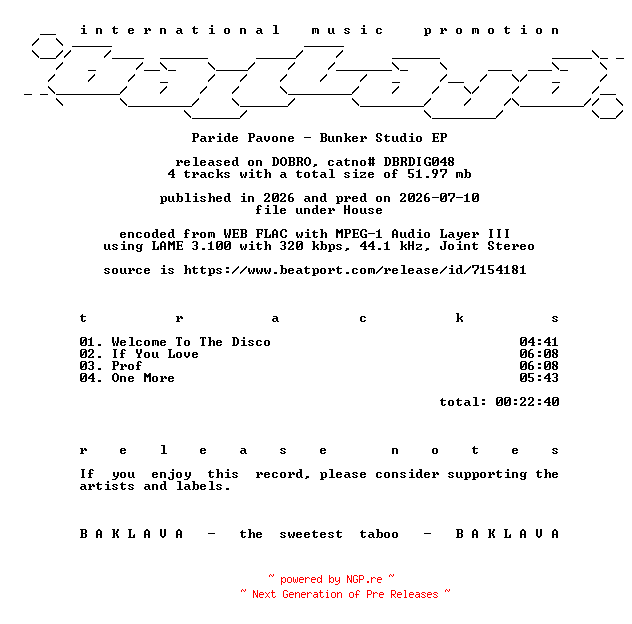 NFO for the release Paride_Pavone-Bunker_Studio_EP-(DBRDIG048)-WEB-2026-BAKLAVA by BAKLAVA