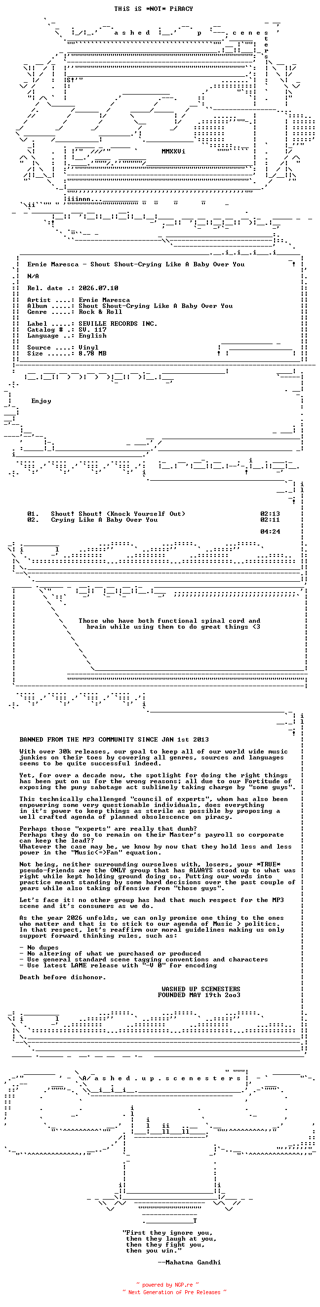 NFO for the release Ernie_Maresca--Shout_Shout-Crying_Like_a_Baby_Over_You-VLS-1962-WUS by WUS