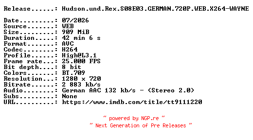 NFO for the release Hudson.und.Rex.S08E03.GERMAN.720P.WEB.X264-WAYNE by WAYNE