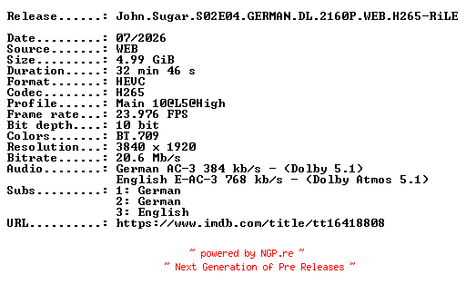NFO for the release John.Sugar.S02E04.GERMAN.DL.2160P.WEB.H265-RiLE by RiLE