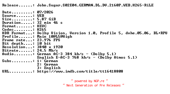 NFO for the release John.Sugar.S02E04.GERMAN.DL.DV.2160P.WEB.H265-RiLE by RiLE