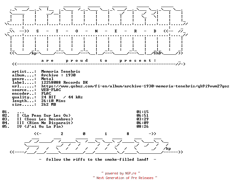 NFO for the release Memoria_Tenebris-Archive_1930-24BIT-WEB-FLAC-2026-STONERD by STONERD