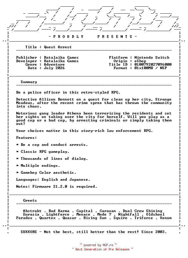 NFO for the release Quest_Arrest_NSW-SUXXORS by SUXXORS