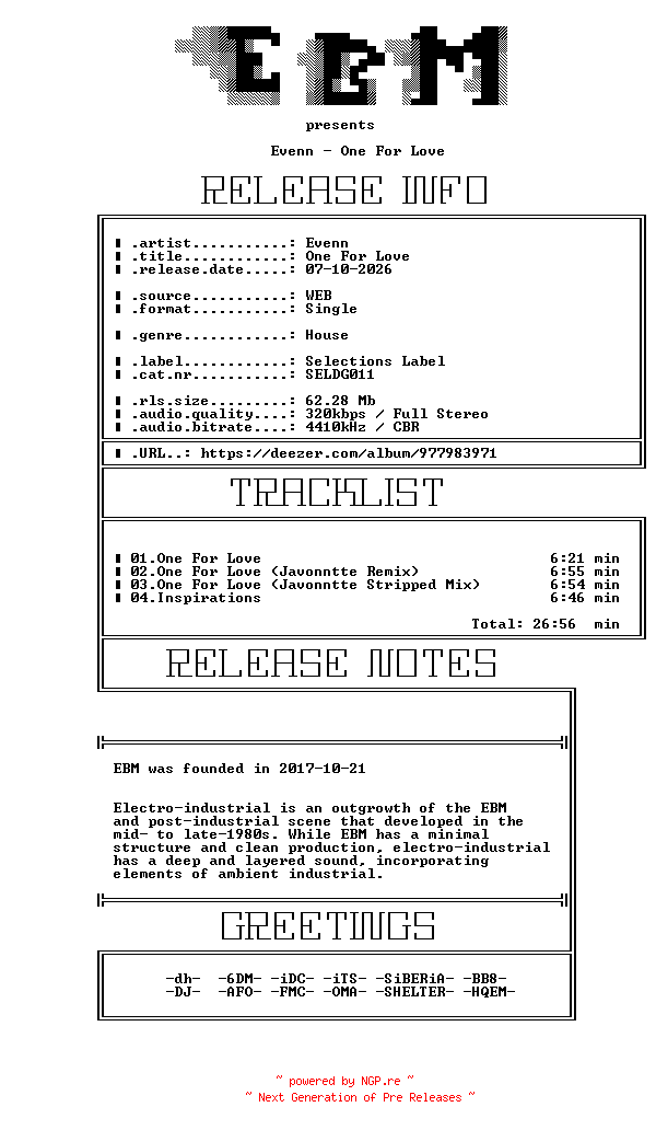NFO for the release Evenn-One_For_Love-(SELDG011)-WEB-2026-EBM by EBM