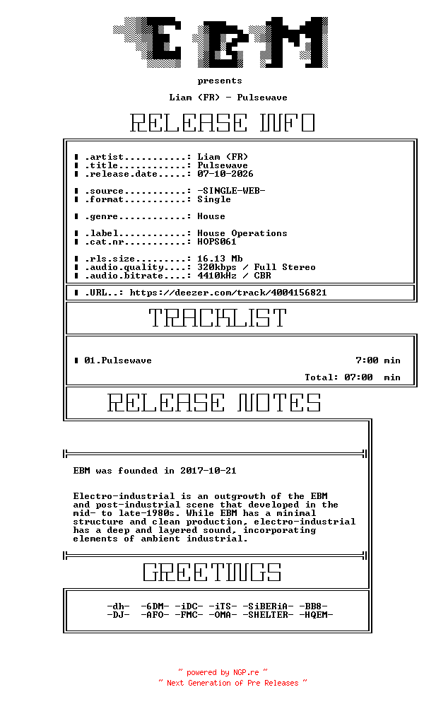 NFO for the release Liam_(FR)-Pulsewave-(HOPS061)-SINGLE-WEB-2026-EBM by EBM