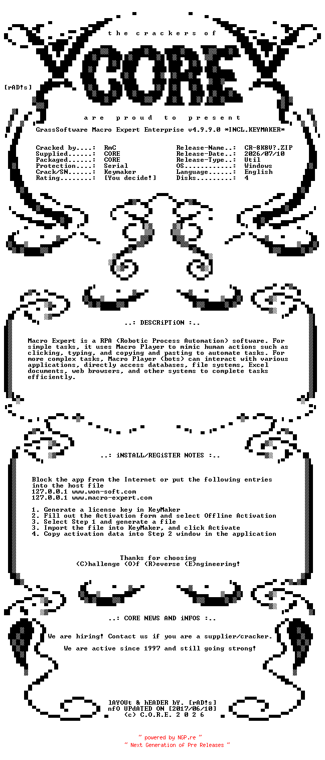 NFO for the release GrassSoftware.Macro.Expert.Enterprise.v4.9.9.0.Incl.Keymaker-CORE by CORE