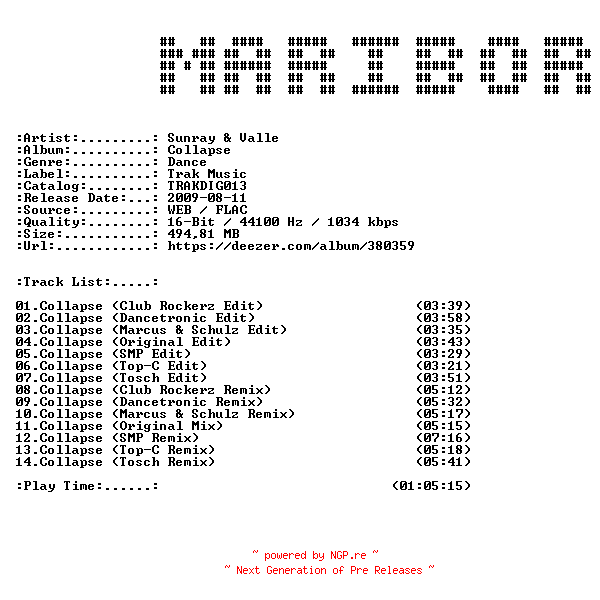NFO for the release Sunray_and_Valle-Collapse-(TRAKDIG013)-16BIT-WEB-FLAC-2009-MARiBOR by MARiBOR