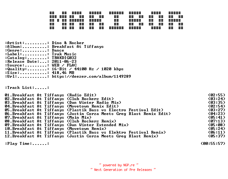 NFO for the release Dino_and_Rocker-Breakfast_At_Tiffanys-(TRAKDIG032)-16BIT-WEB-FLAC-2011-MARiBOR by MARiBOR