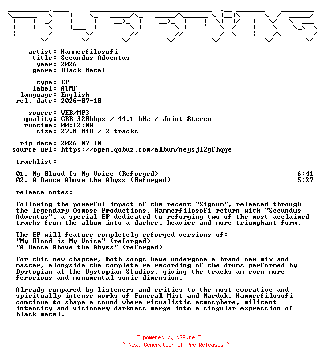 NFO for the release Hammerfilosofi-Secundus_Adventus-EP-WEB-2026-BLEEDiNG by BLEEDiNG