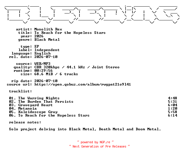 NFO for the release Monolith_Rex-To_Reach_for_the_Hopeless_Stars-EP-WEB-2026-BLEEDiNG by BLEEDiNG