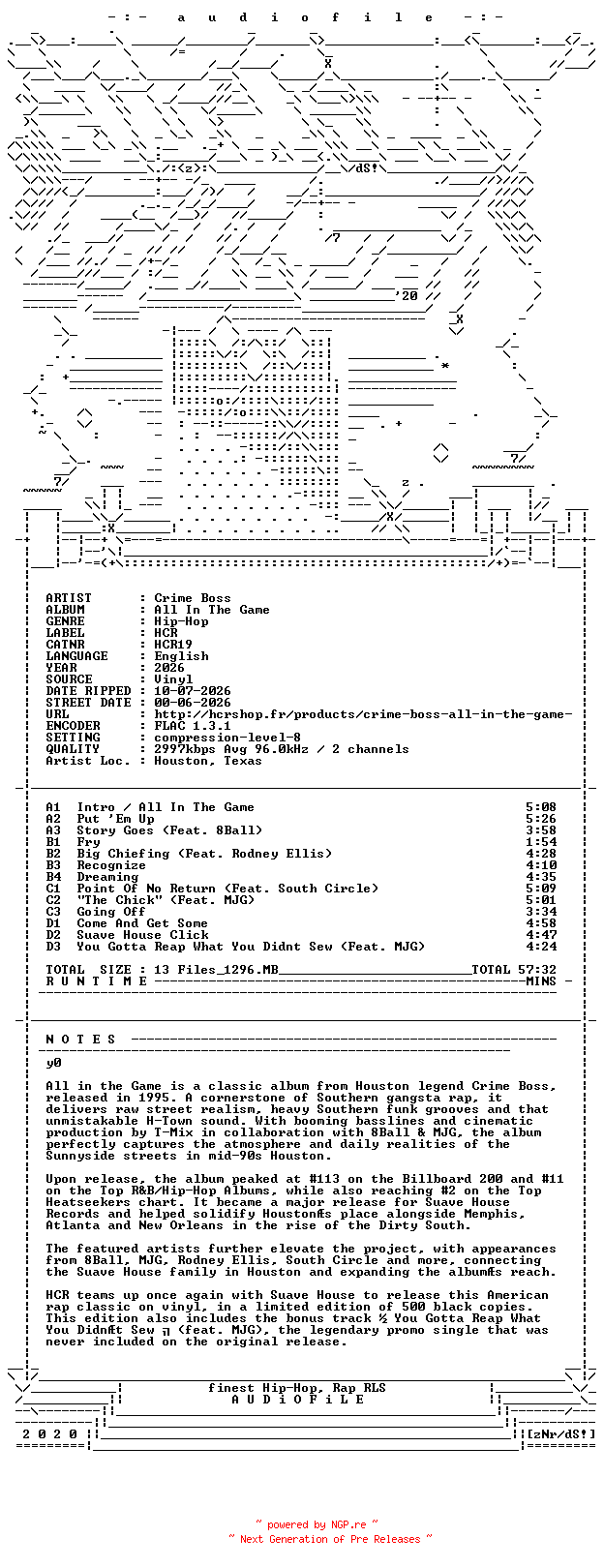 NFO for the release Crime_Boss-All_In_The_Game-REMASTERED-2VINYL-FLAC-2026-AUDiOFiLE by AUDiOFiLE