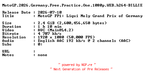 NFO for the release MotoGP.2026.Germany.Free.Practice.One.1080p.WEB.h264-BILLIE by BILLIE