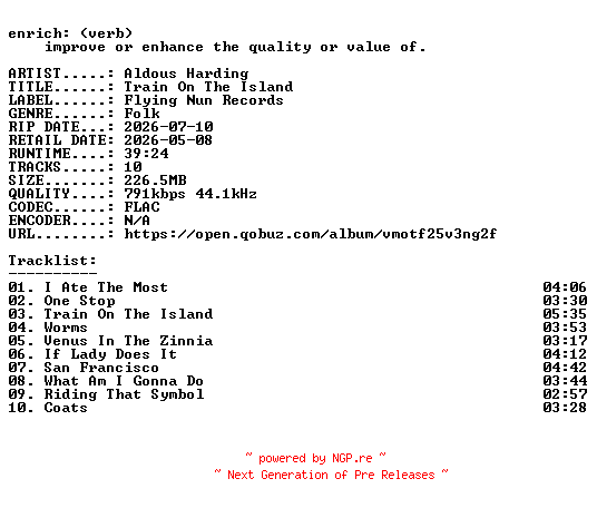 NFO for the release Aldous_Harding-Train_On_The_Island-16BIT-WEB-FLAC-2026-ENRiCH by ENRiCH