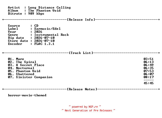 NFO for the release Long_Distance_Calling-The_Phantom_Void-CD-FLAC-2026-BOCKSCAR by BOCKSCAR