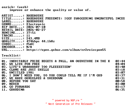 NFO for the release KABEAUSHE-KABEAUSHE_PRESENTS_IGGY_SWAGGERING_UNGRATEFUL_INCESSANT_LITTLE_PEEEAAAAAAAA-16BIT-WEB-FLAC-2026-ENRiCH by ENRiCH